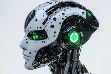 Poster - A detailed close-up of a futuristic cyborg head with glowing green eyes and intricate mechanical details highlighting advanced technology and artificial intelligence concept.