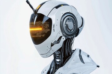 Poster - side view of a futuristic white robot with a glowing data screen visor and intricate mechanical deta