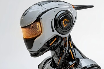 Poster - a sleek, futuristic robot head with glowing orange visor and intricate design details against a brig