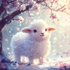 Poster - A Spring Lamb's Delight: A Fluffy Lamb Beneath Blossoming Cherry Branches Bathed in Soft Light.