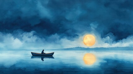 Wall Mural - Serene sunset over calm waters with a solitary figure in a boat reflecting on life moments