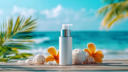Poster - A photograph showcasing a sleek and water resistant illuminating primer bottle positioned on a wooden beach deck with blurred ocean waves providing a serene backdrop
