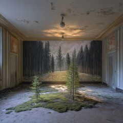 Poster - Nature's Reclamation: Moss and Saplings Conquer an Abandoned Room with a Forest Mural Backdrop, Decay and Beauty Intertwined