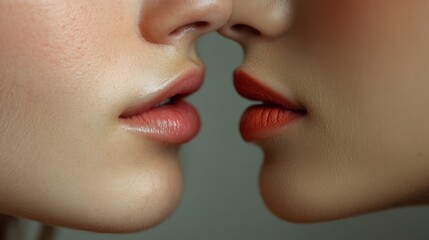 Close-up view of two individuals with contrasting lip colors demonstrating intimacy in a creative art portrayal