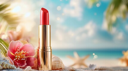 Poster - Luxurious Creamy Red Lipstick Resting on a Glowing Seashell Under the Warm Glow of a Sunset   Seaside Beauty and Coastal Elegance
