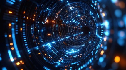 Poster - Abstract Digital Tunnel Background with Blue and Orange Light Technology Illustration