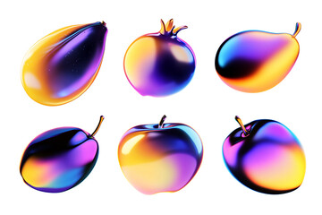 Poster - Different colorful holographic fruits 3D illustrations isolated. Pear, apple, plum, mango, apricot, pomegranate. Ai generated