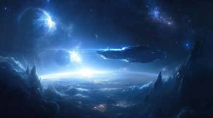 spaceship soars above alien planet's cloudscape in a distant galaxy, unveiling breathtaking cosmic w