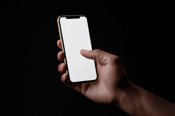 Poster - Smartphone in hand on black background. Hand holding smartphone with blank screen. Smartphone in hand