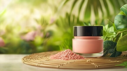 Poster - Neon orange cream blush product in a minimalistic glass jar placed on a sunlit rattan mat with copy space for text overlay  Elegant natural and glamorous makeup concept