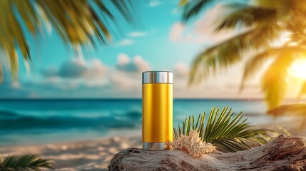 Poster - Closeup of a vibrant neon yellow highlighter stick resting on a piece of driftwood near the beach with ample copy space for text overlay or design elements