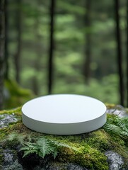 Aufkleber - White circular podium against a background of moss and ferns against a background of blurred green forest.