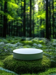 Aufkleber - White circular podium against a background of moss and ferns against a background of blurred green forest.