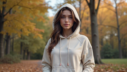 a cozy hoodie mockup featuring a model wearing a hooded sweatshirt in a picturesque autumn park. the
