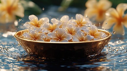 Poster - Vibrant water droplets splash in a golden bowl, surrounded by tropical blooms, radiating joy and warmth.