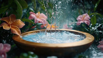 Poster - Vibrant water droplets splash in a golden bowl, surrounded by tropical blooms, radiating joy and warmth.