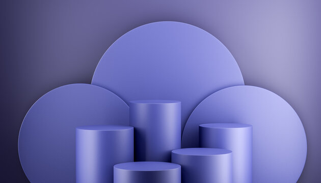 five Empty purple podium with cylindrical shapes for product placement, abstract background with geometric forms, minimalist design for presentation. 3d rendering