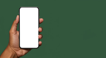 Poster - Smartphone in Hand Mockup with Blank Screen for App Presentation. Mobile device held by hand with empty display for UI design showcase against green background