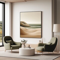 Aufkleber - Modern wall art mockup in light green and beige tones, featuring an abstract landscape painting. The artwork hangs on the white wall above two olive-colored chairs with gold legs.