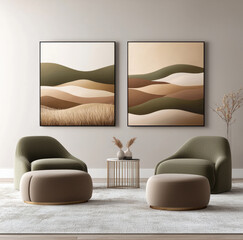 Aufkleber - Modern wall art mockup in light green and beige tones, featuring an abstract landscape painting. The artwork hangs on the white wall above two olive-colored chairs with gold legs.