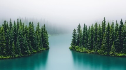 Wall Mural - Misty River Surrounded by Lush Pine Forest in Serene Landscape