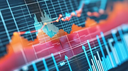 Poster - A vibrant financial graph with colorful lines and bars, depicting market trends and fluctuations in data visualization.