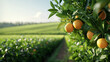 © BONI - Naranjas maduras en un árbol en un campo frutal con paisaje verde