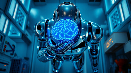 Poster - Artificial intelligence holding neural network glows with digital power