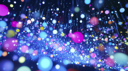 Poster - cascade of colorful digital dots flows through dark space, creating vibrant and dynamic visual effect. bright, multicolored lights appear to be in motion, resembling digital rain of glowing orbs