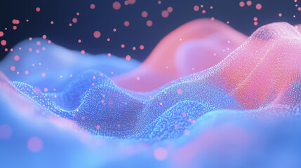 Poster - cascade of digital dots flows through vibrant landscape of blue and pink waves, creating mesmerizing and dynamic visual effect. scene evokes sense of motion and fluidity
