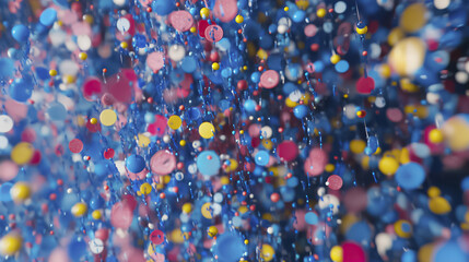 Poster - vibrant cascade of colorful digital dots flows dynamically, creating abstract and energetic visual experience. mix of blue, red, yellow, and pink spheres adds playful and lively atmosphere