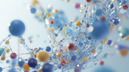 Poster - cascade of colorful toy like spheres and digital dots flows dynamically, creating vibrant and abstract scene. image captures sense of movement and energy with its intricate patterns and bright