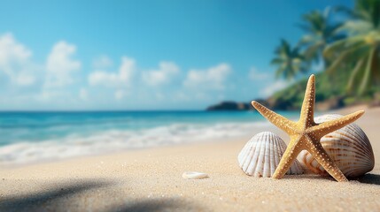 Poster - A bright and inviting beach with warm golden sand, naturally decorated with seashells and a starfish basking in the sunlight.