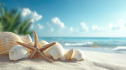 Poster - A bright and inviting beach with warm golden sand, naturally decorated with seashells and a starfish basking in the sunlight.