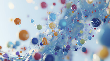 Poster - Colorful spheres and digital dots cascade through light blue background, creating dynamic and vibrant abstract scene