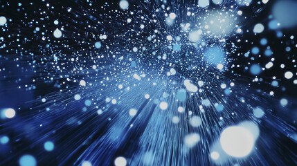 Poster - cascade of digital dots flows through dark space, creating dynamic and mesmerizing effect with bright blue and white lights. image evokes sense of motion and energy
