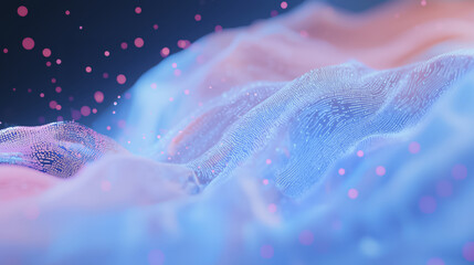 Poster - cascade of digital dots flows through vibrant, abstract landscape, creating mesmerizing visual effect. scene is filled with soft hues of blue and pink, evoking sense of tranquility and wonder