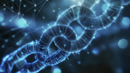 Poster - glowing digital chain intertwines with network of blue circuitry, symbolizing connectivity and technology. luminous links and digital nodes create futuristic and interconnected atmosphere