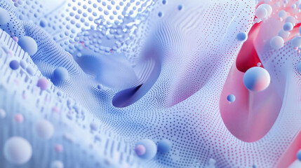 Poster - dynamic abstract composition featuring flowing digital patterns and spheres in soft pastel colors, creating sense of movement and depth