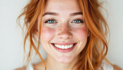 Wall Mural - A close-up of a smiling red-haired woman with freckles against a bright white background.

