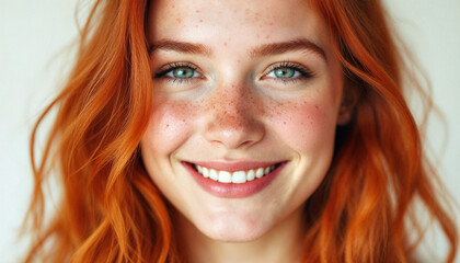 Wall Mural - A close-up of a smiling red-haired woman with freckles against a bright white background.

