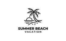 beach logo line art vector illustration, palm tree with sun logo template