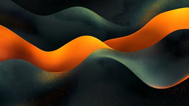 An abstract digital artwork featuring smooth, wavy orange and green ribbons flowing elegantly against a dark, atmospheric background.
