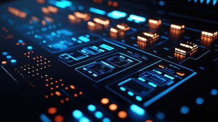 Poster - Futuristic Control Panel with Bright Blue and Orange Lights
