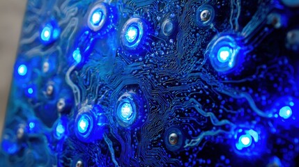 Poster - Close-Up View of Blue LED Lights on Circuit Board Design