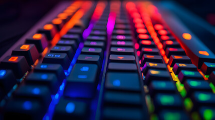 Poster - Vibrant keyboard illuminated with colorful lights, showcasing modern technology in a dynamic workspace, perfect for gaming.