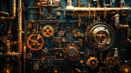 Poster - Intricate Steampunk Gears and Pipes in a Vintage Industrial Setting