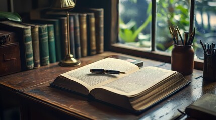 Poster - Vintage Desk with Open Book and Pen Near Window with Plants