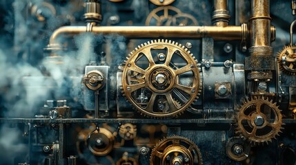 Poster - Intricate Steampunk Machinery with Gears and Pipes in Motion