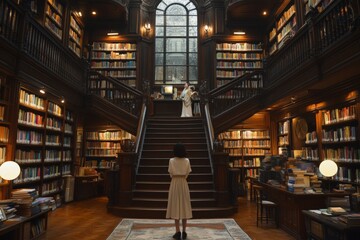 Poster - Serene moment in a grand library with towering shelves and a woman gazing at a displayed artifact